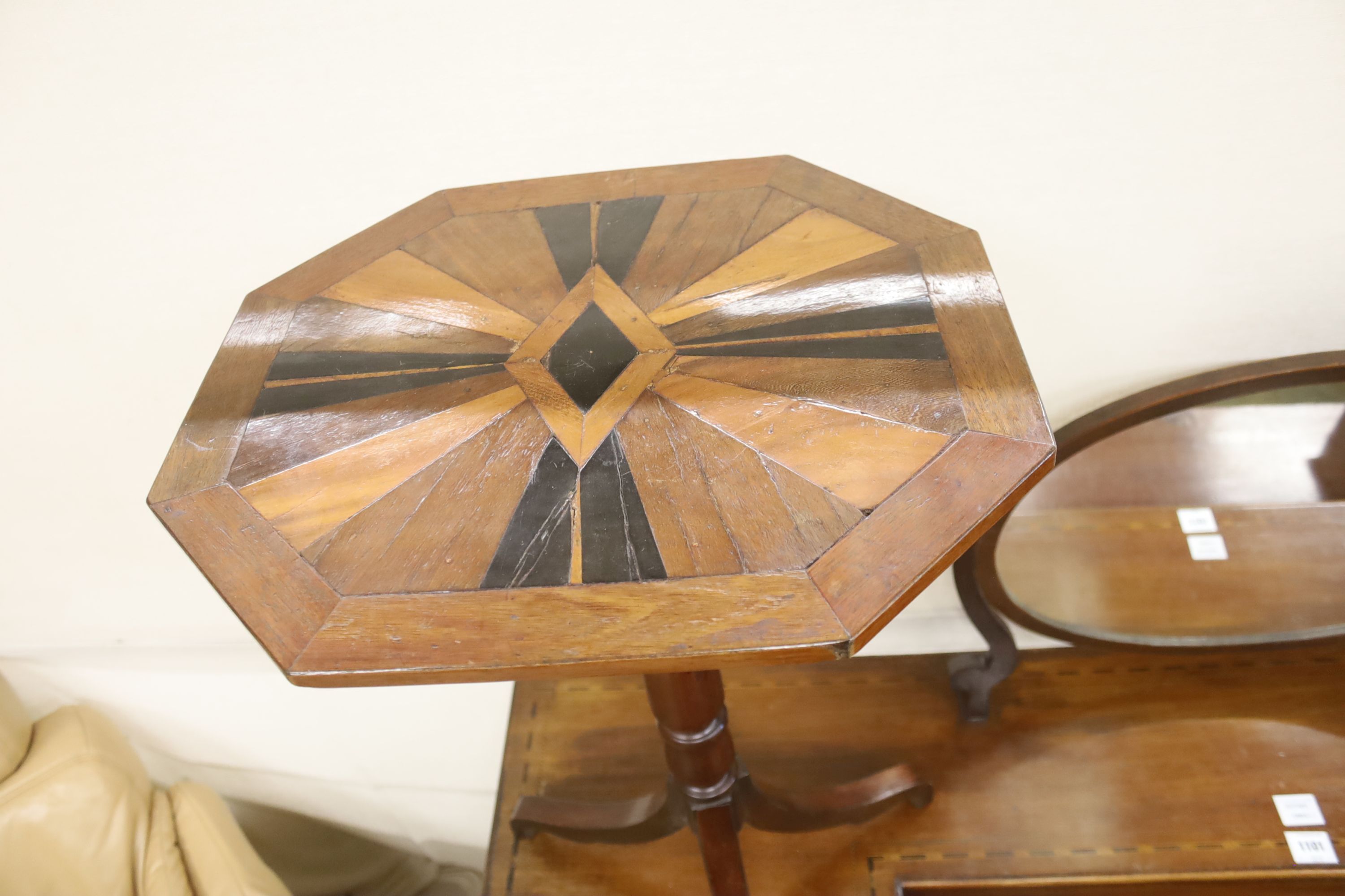 A pair of Regency design parquetry inlaid octagonal tripod wine tables, width 45cm, depth 39cm, height 74cm
